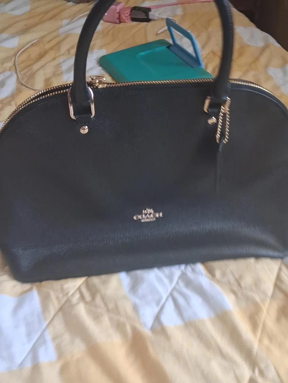 Coach Black Leather Dome Satchel with Gold Hardware and Top Handles